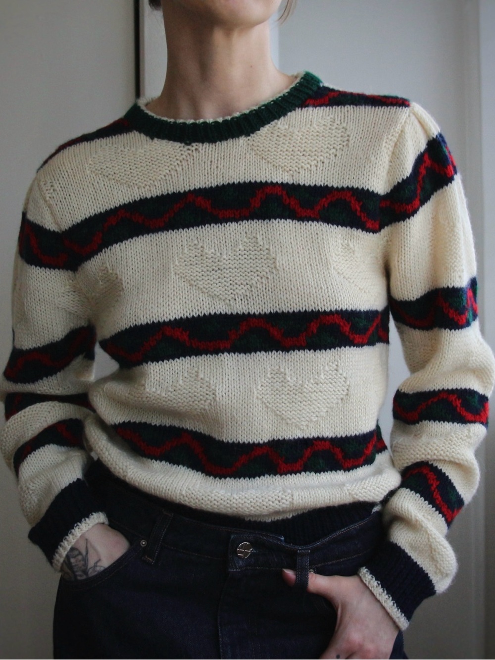 1990's SKYR Hand Knit Heart Motif Wool Sweater